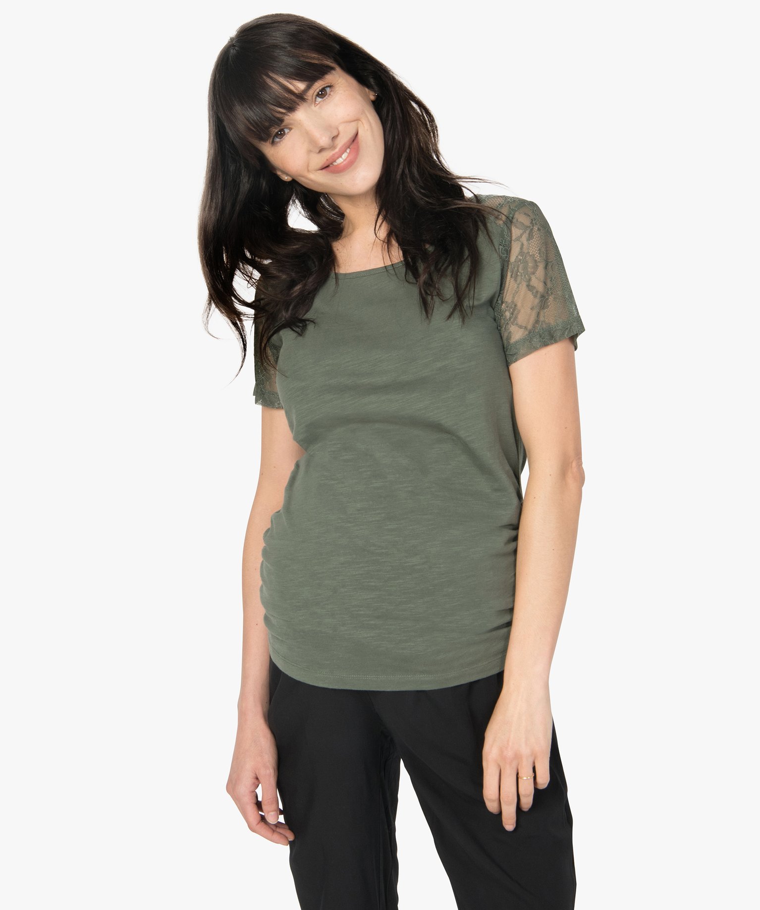 Gemo vetements tee shirt de grossesse en coton bio avec manches en dentelle vert t shirts manches courtes femme GEMO