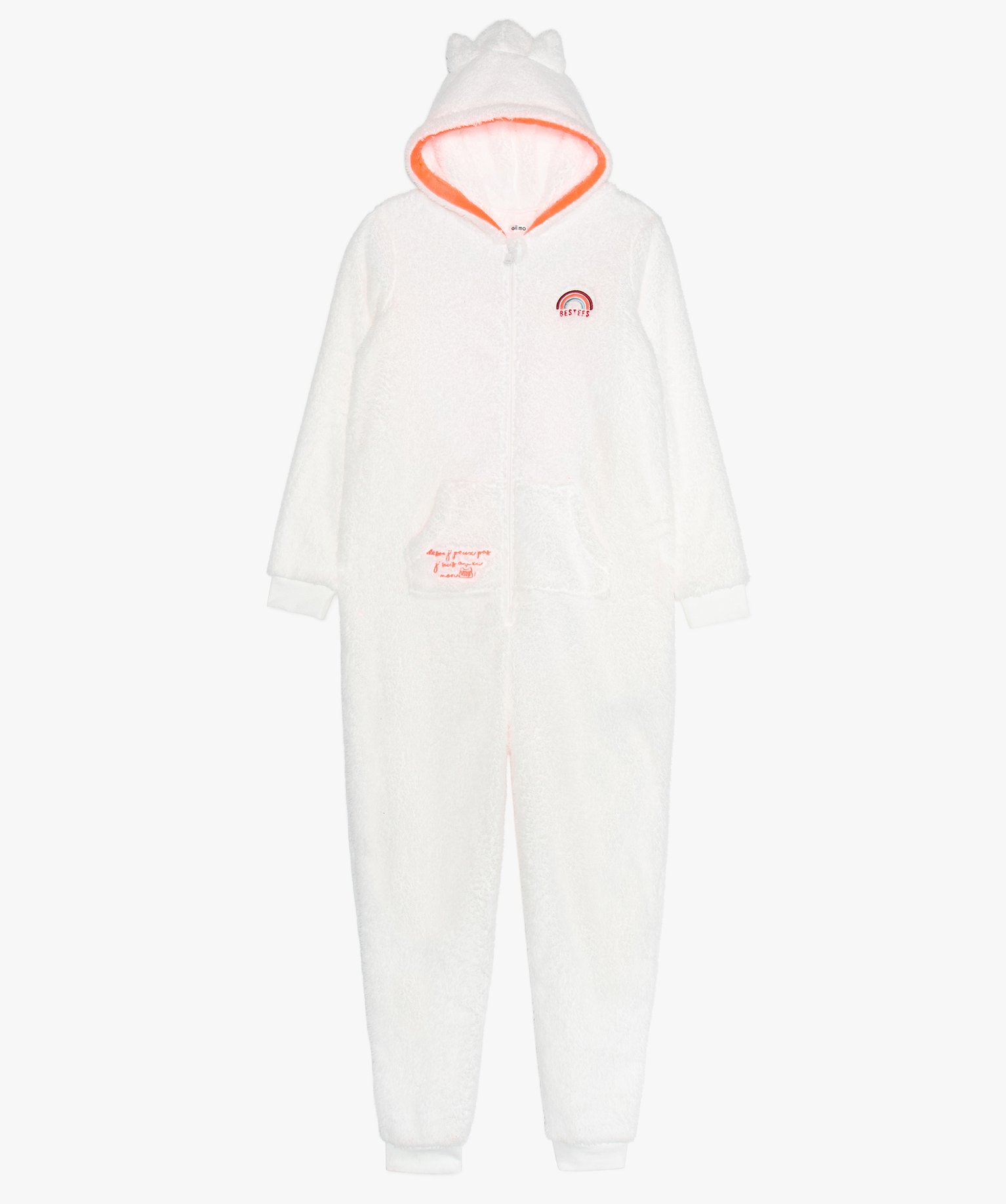 Gemo sous vetements combinaison fille en maille peluche et details fluo blanc pyjamas fille GEMO