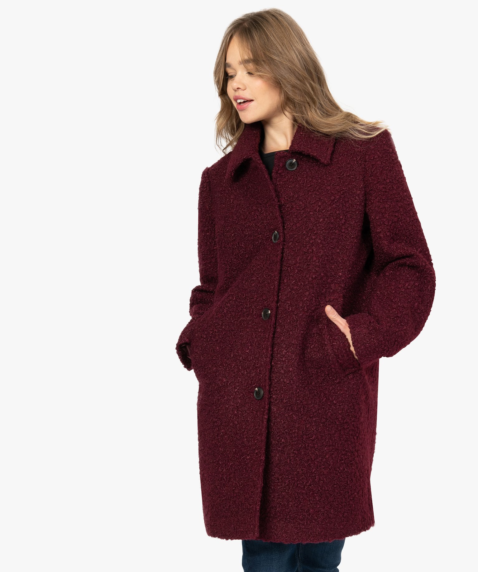 manteau long femme bordeaux