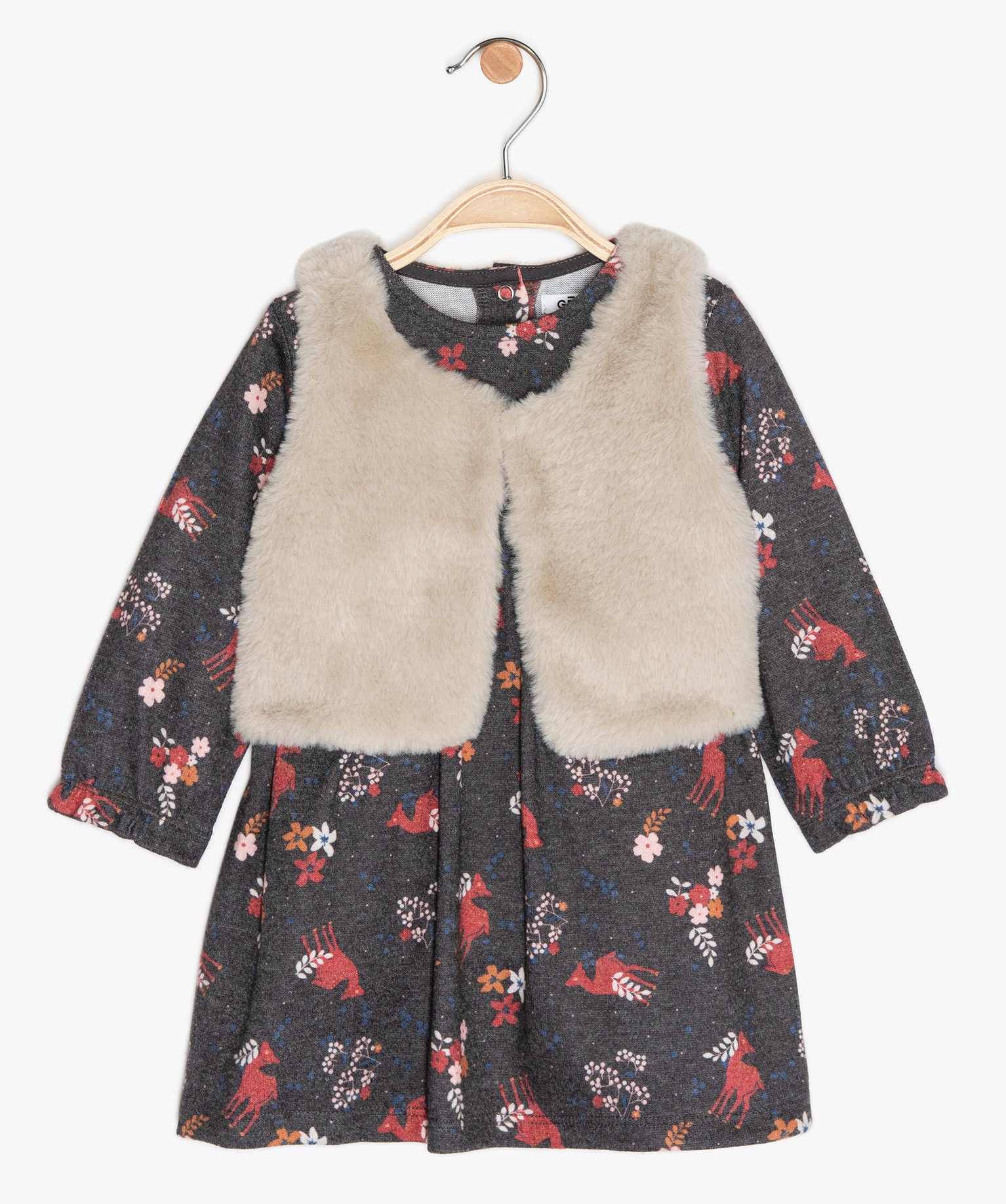 Gemo Vetements Fille Ensemble Bebe Fille 2 Pieces Robe Gilet Sans Manches A Motif Daims Et Fleurs Gris Bebe Gemo