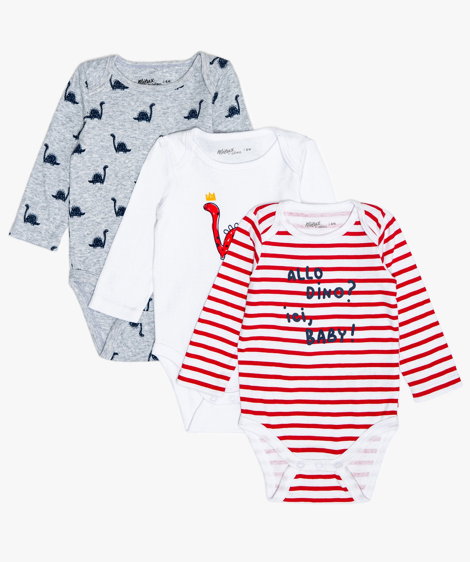 Gemo Vetements Garcon Body Manches Longues Motif Dinosaures En Coton Bio Lot De 3 Multicolore Bebe Gemo