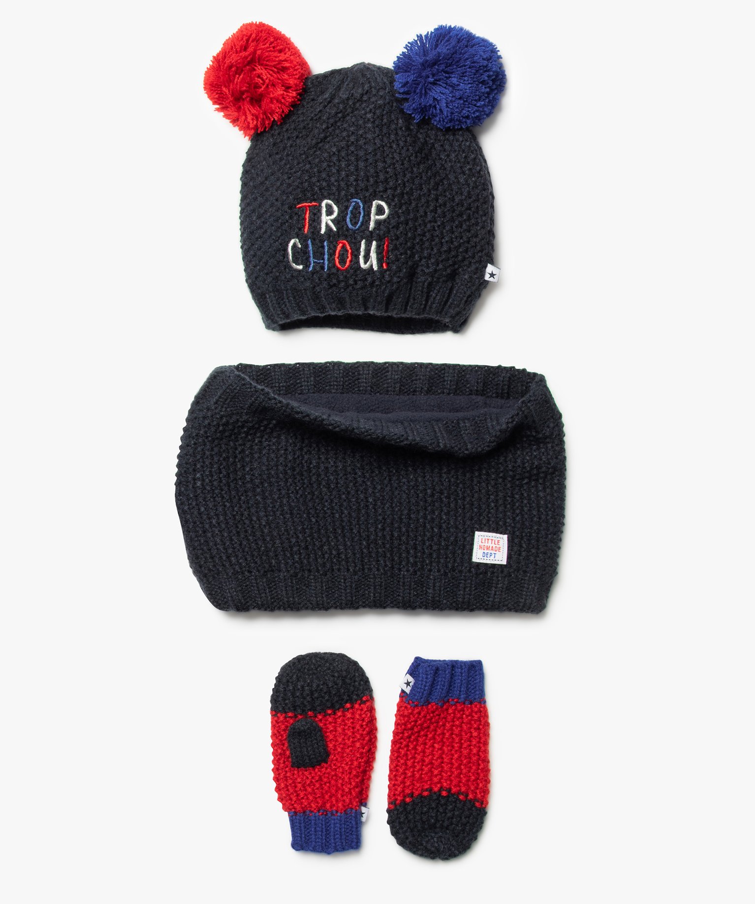 Gemo Accessoires Garcon Ensemble Bebe Garcon 3 Pieces Bonnet Snood Moufles A Maille Fantaisie Bleu Bebe Gemo