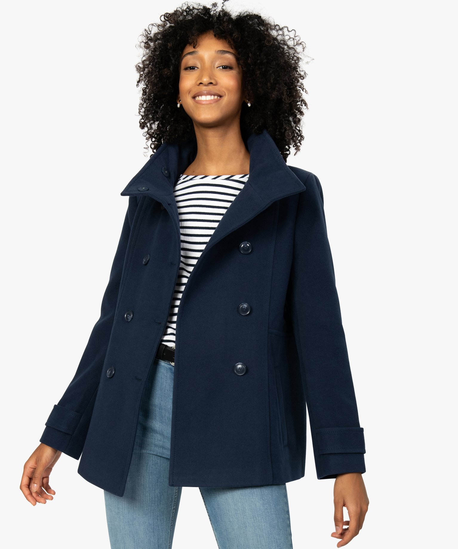 Gemo vetements manteau court femme avec double rangee de boutons bleu manteaux femme GEMO