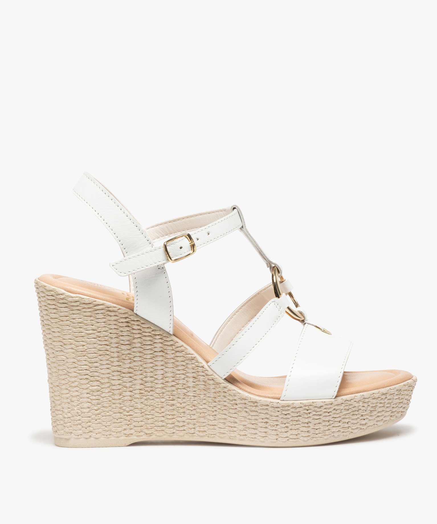 Gemo chaussures sandales femme a talon compense et anneau metallique blanc standard sandales a talon femme GEMO
