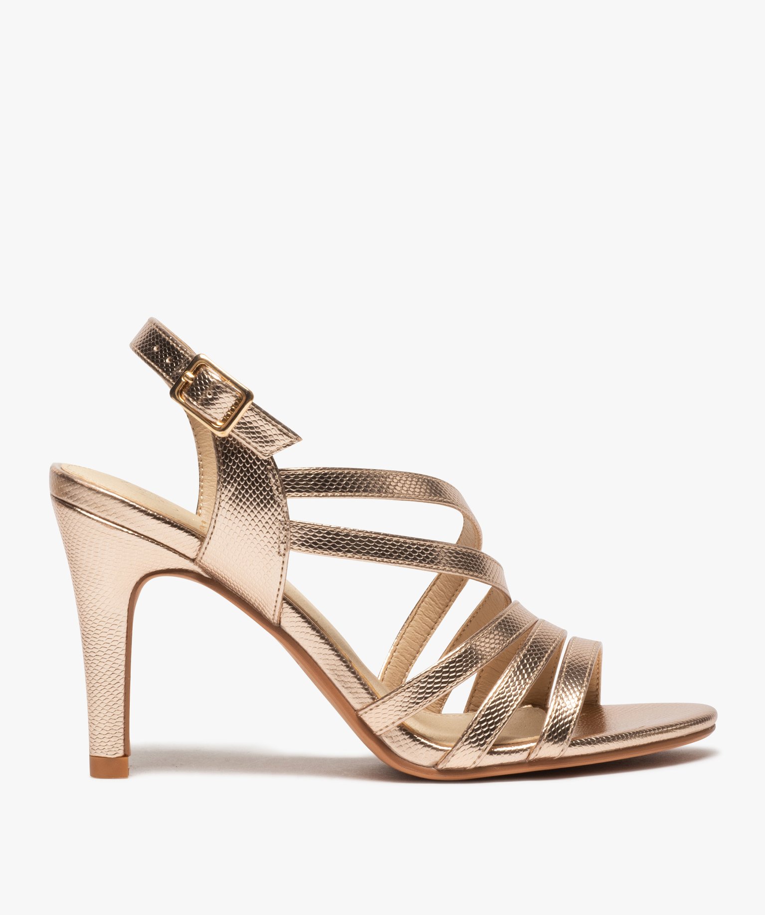Gemo chaussures sandales femme a talon haut et fines brides metallisees marron standard sandales a talon femme GEMO
