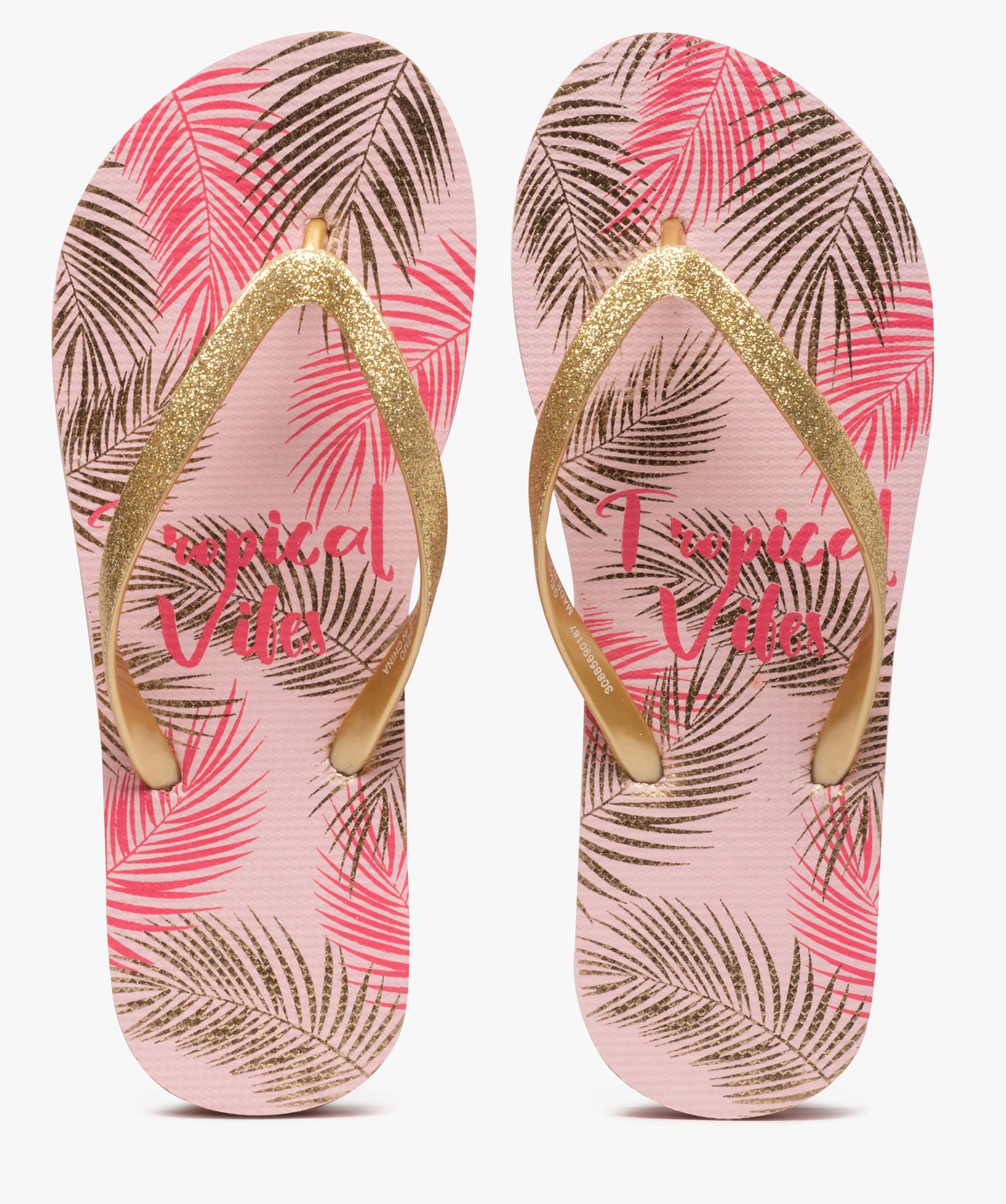 Gemo chaussures tongs femme a motifs tropicaux et brides pailletees dore tongs femme GEMO