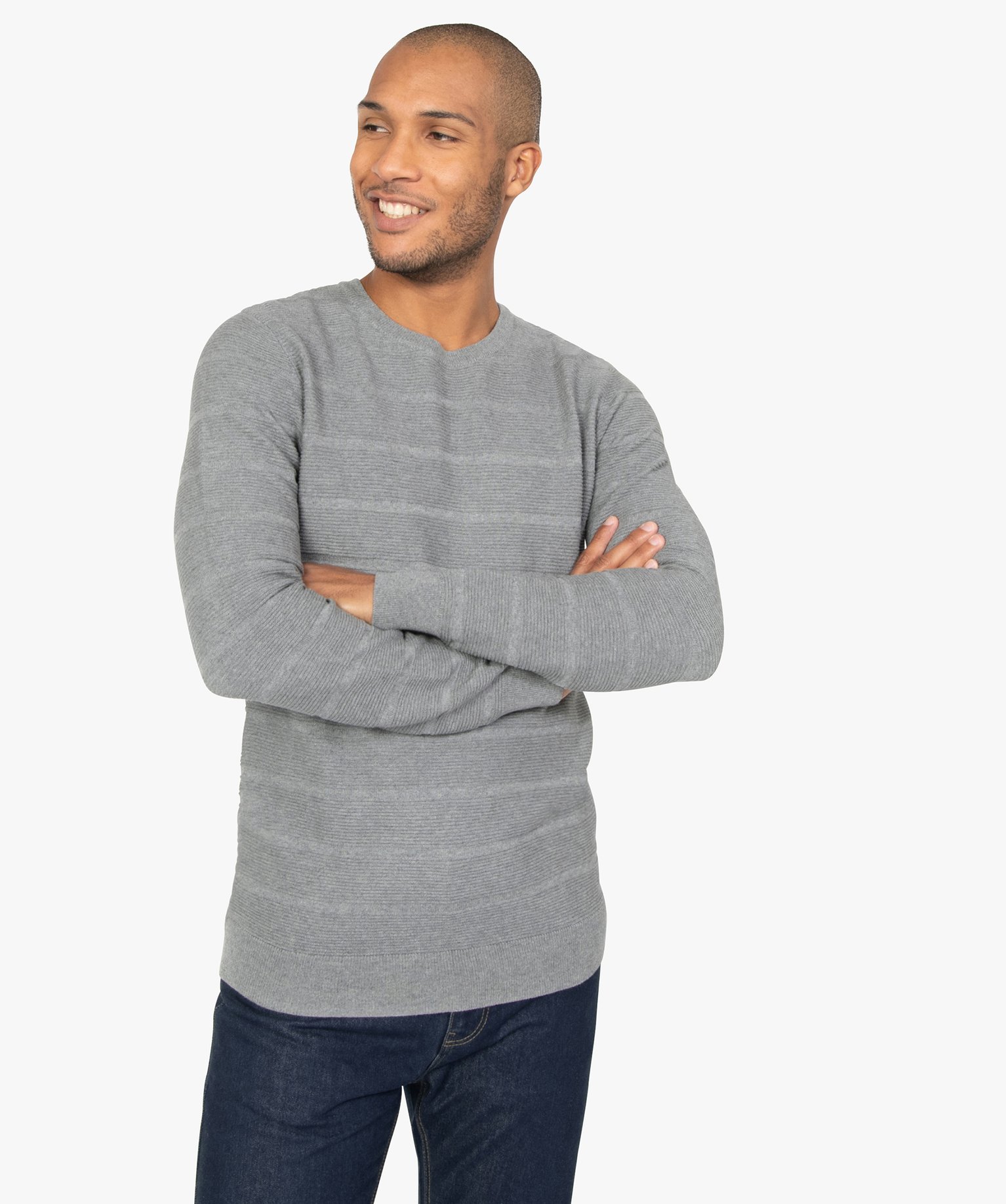 Gemo vetements pull homme en coton en maille fantaisie avec col rond gris pulls homme GEMO