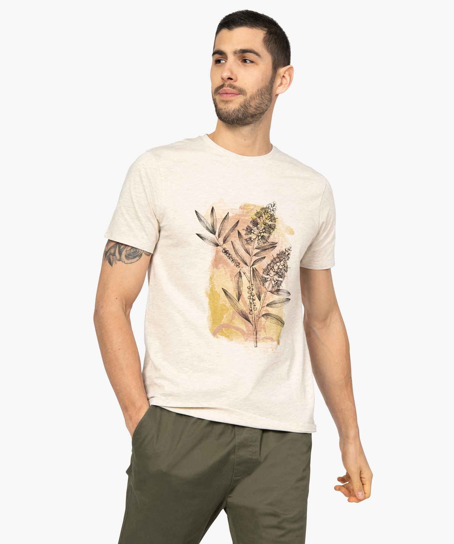 Menda City potato Unravel Gemo vetements tee-shirt homme avec large motif fleuri beige tee-shirts  homme | GÉMO