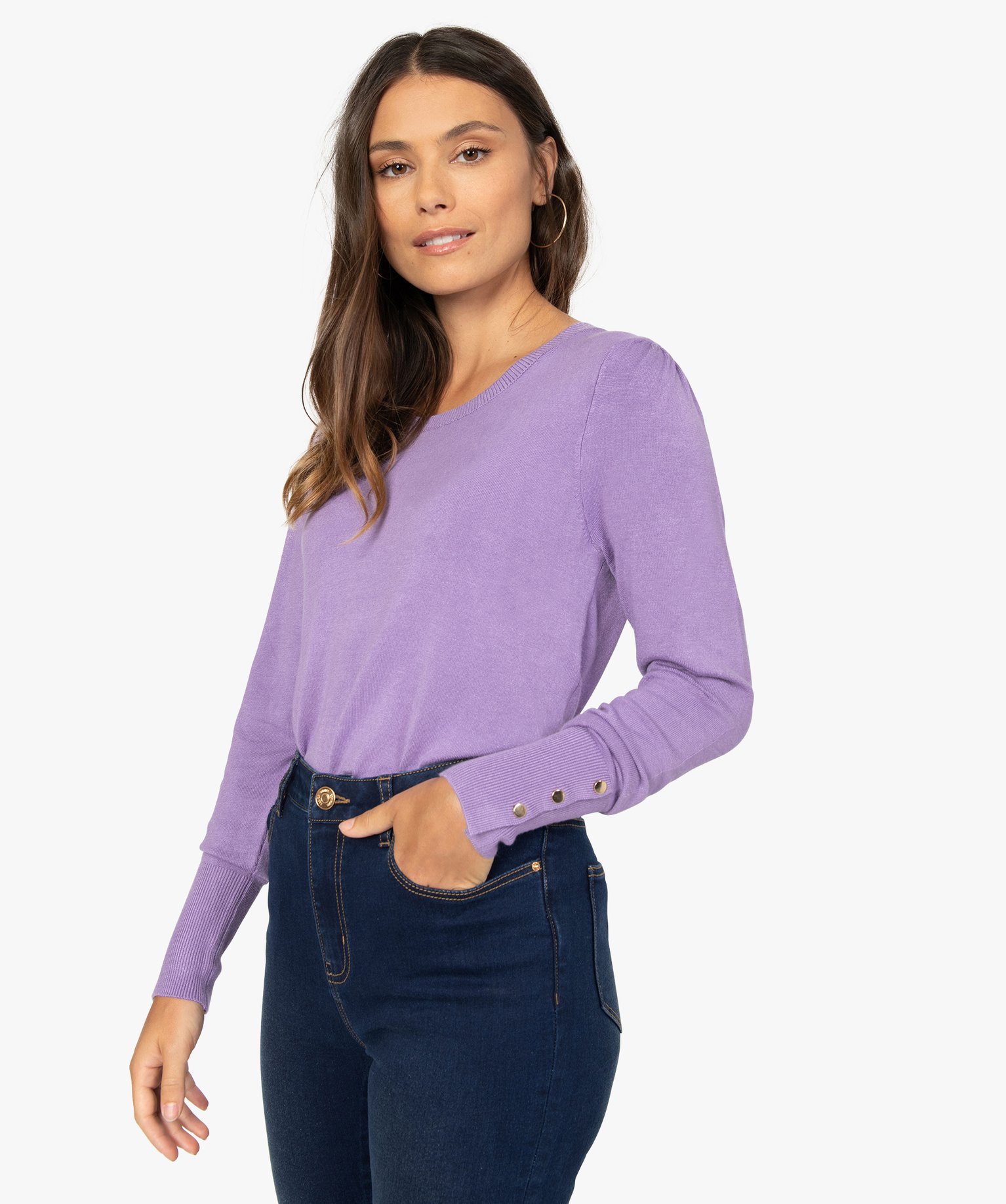 Gemo vetements pull femme fin avec large col rond et fronces aux epaules bleu pulls femme GEMO