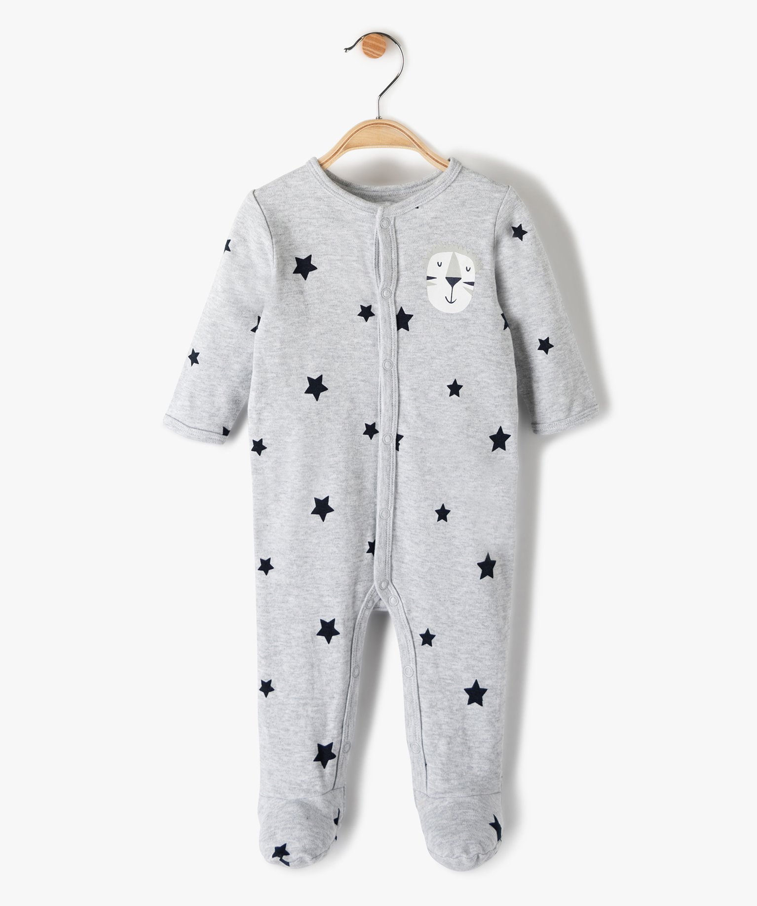 Gemo naissance pyjama bebe garcon a motifs etoiles 100 coton biologique gris pyjamas ouverture devant bebe GEMO