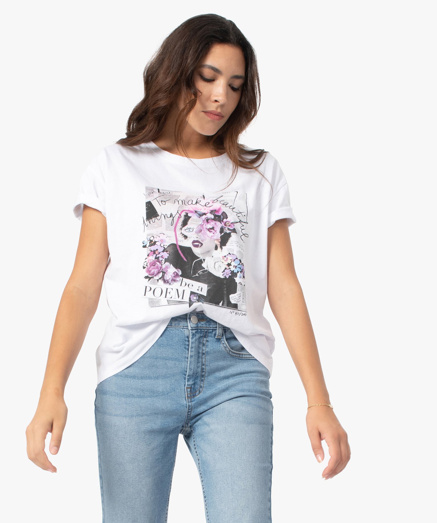 Gemo vetements tee shirt femme avec motif positif blanc t shirts manches longues femme GEMO