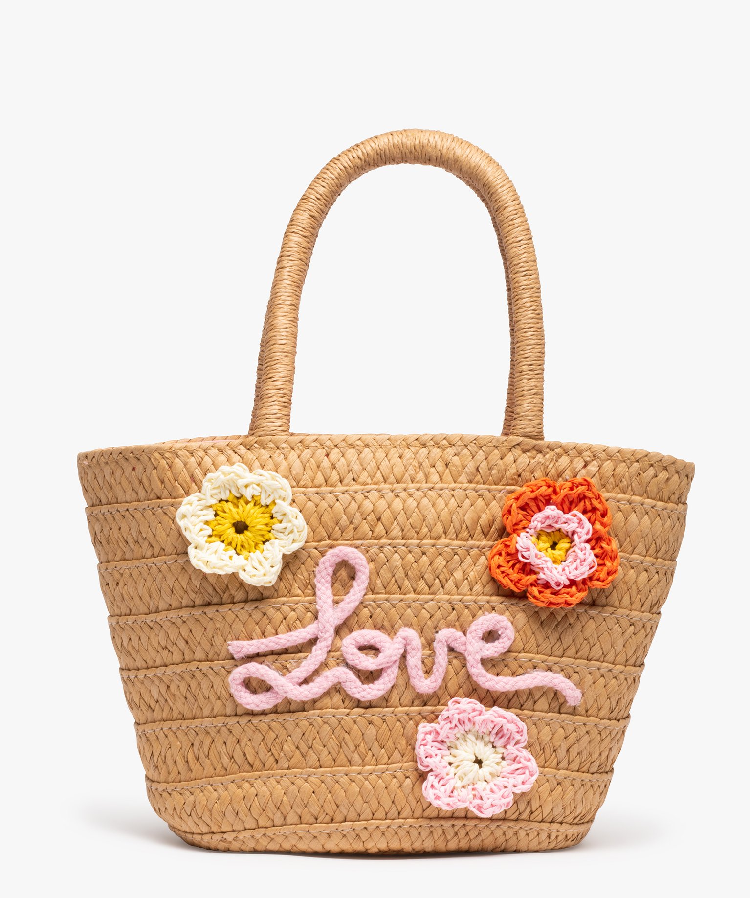 sac en paille fille forme cabas a fleurs multicolores beige