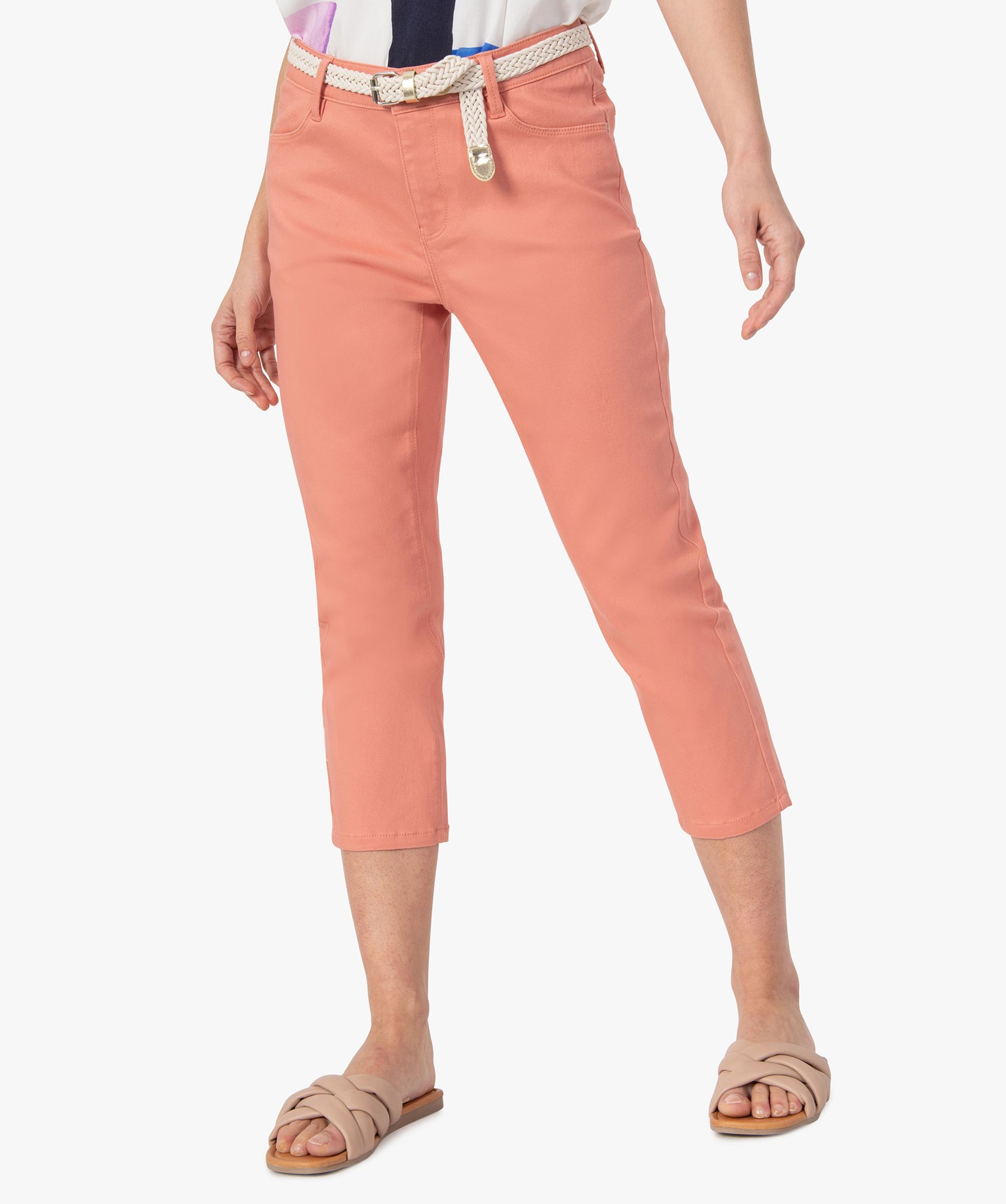 Gemo vetements pantacourt femme en toile extensible avec ceinture tressee orange pantacourts femme GEMO