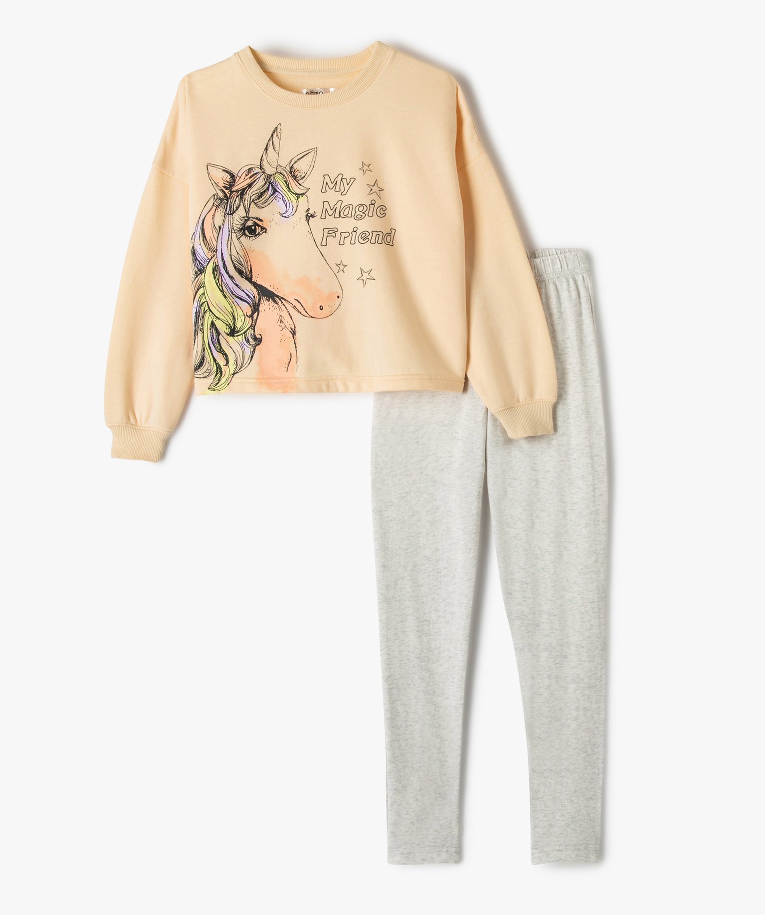 Gemo sous vetements pyjama fille avec haut molletonne a motif licorne orange fille GEMO