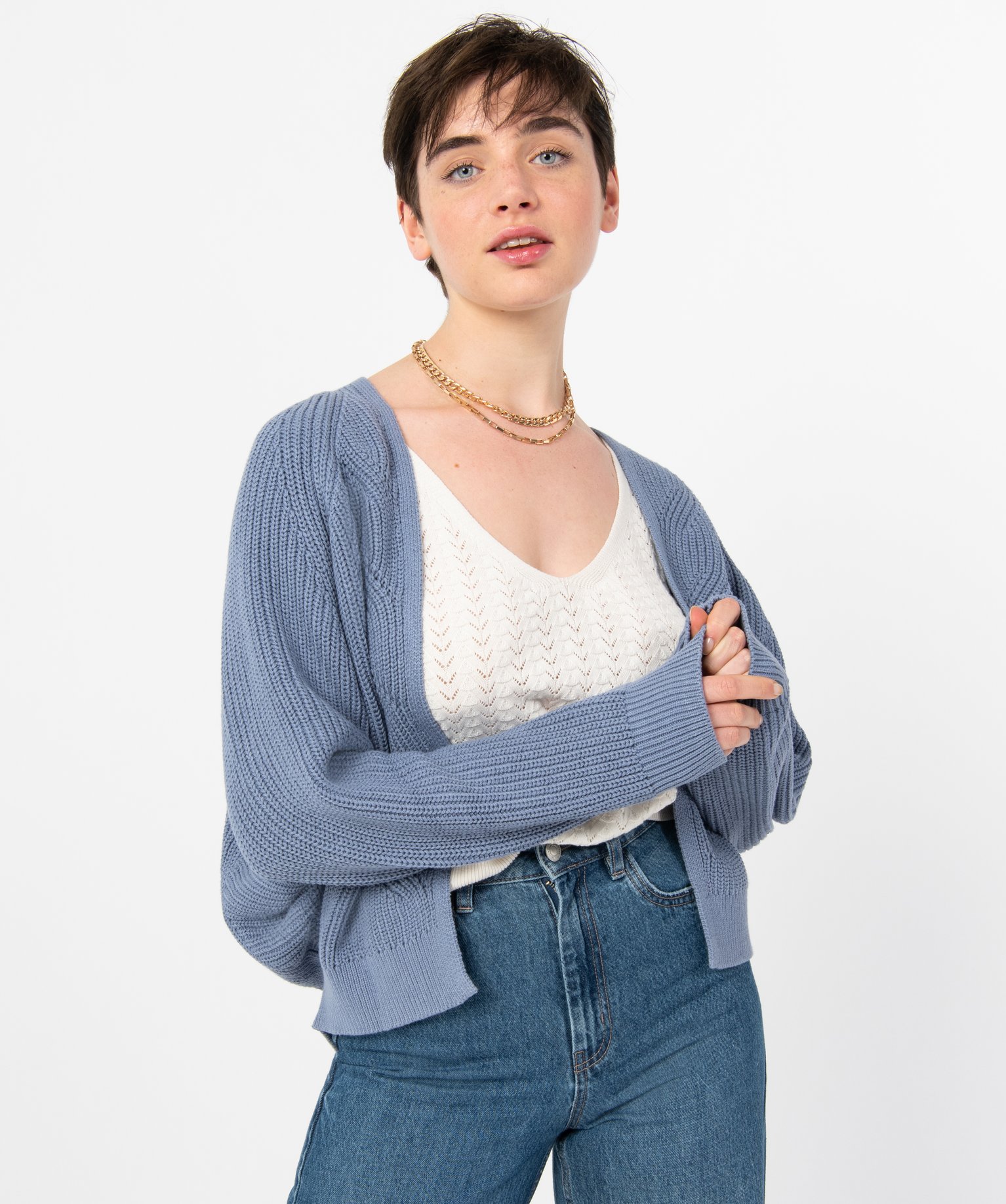 Gemo vetements gilet femme en grosse maille emmanchures chauve souris bleu gilets femme GEMO