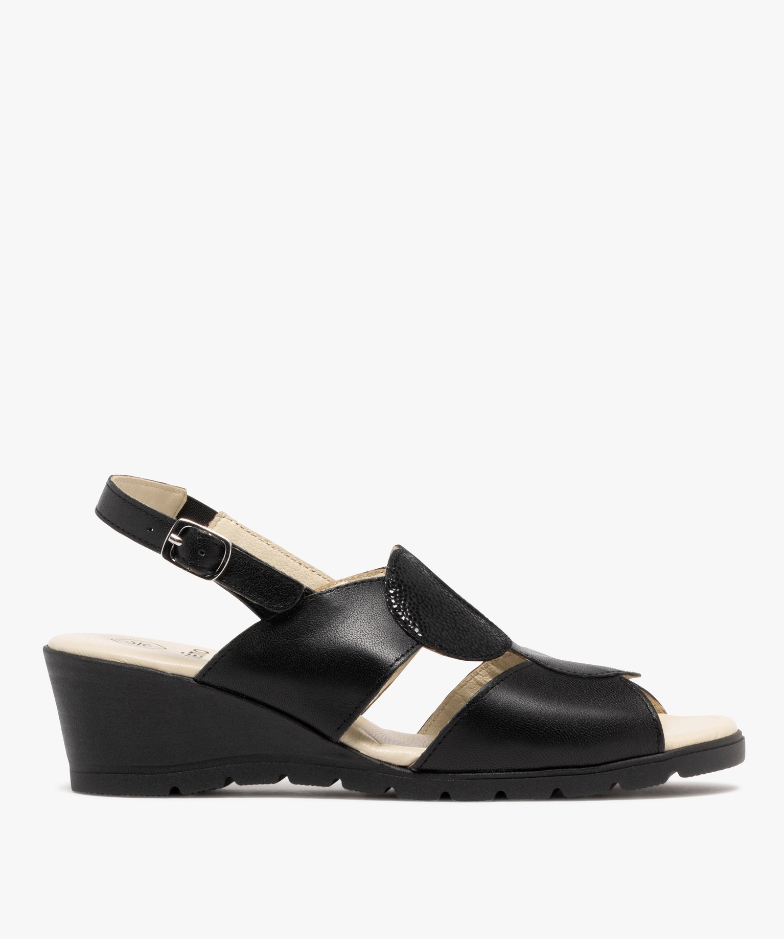 Gemo chaussures sandales femme confort a talon compense en cuir avec semelle crantee et ronds fantaisie noir standard sandales femme GEMO