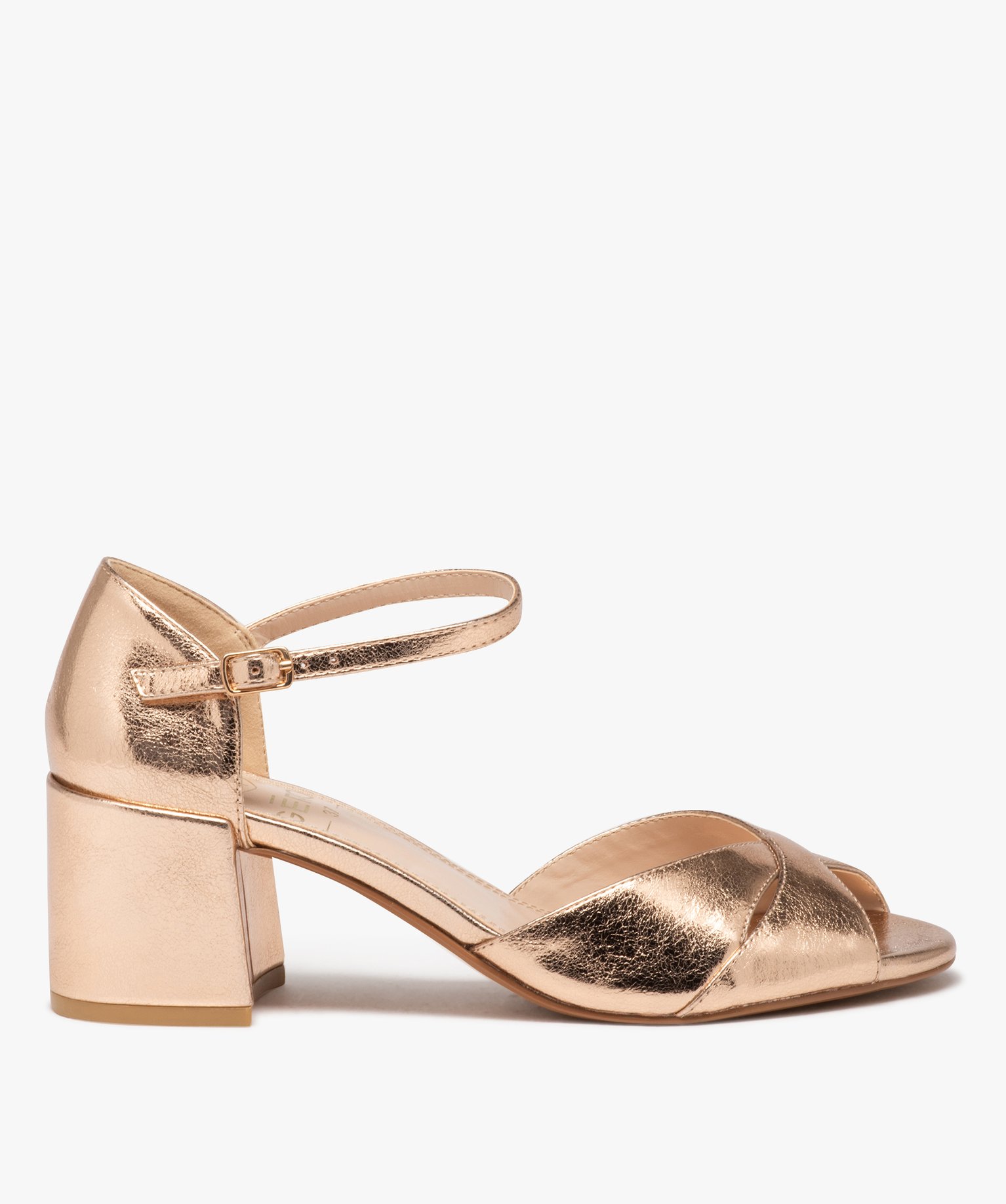 Gemo chaussures sandales femme a talon carre et larges brides croisees effet metallise rose standard sandales a talon femme GEMO