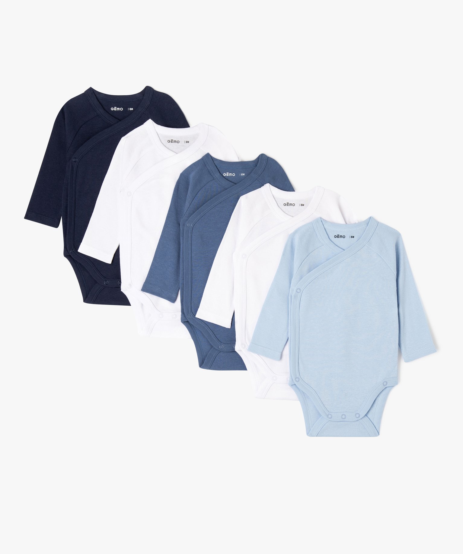 Gemo vetements garcon bodies a manches longues unis bebe fermeture croisee lot de 5 bleu body manches longues bebe GEMO