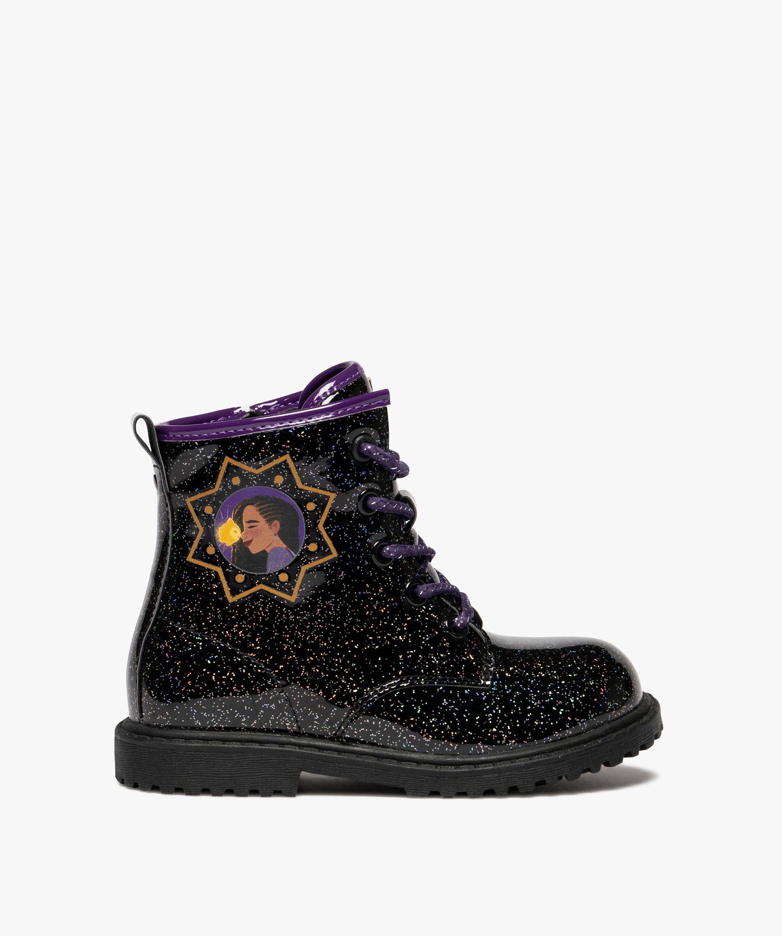 Gemo chaussures boots fille vernies a paillettes avec zip interieur et lacets wish disney noir vif fille GEMO