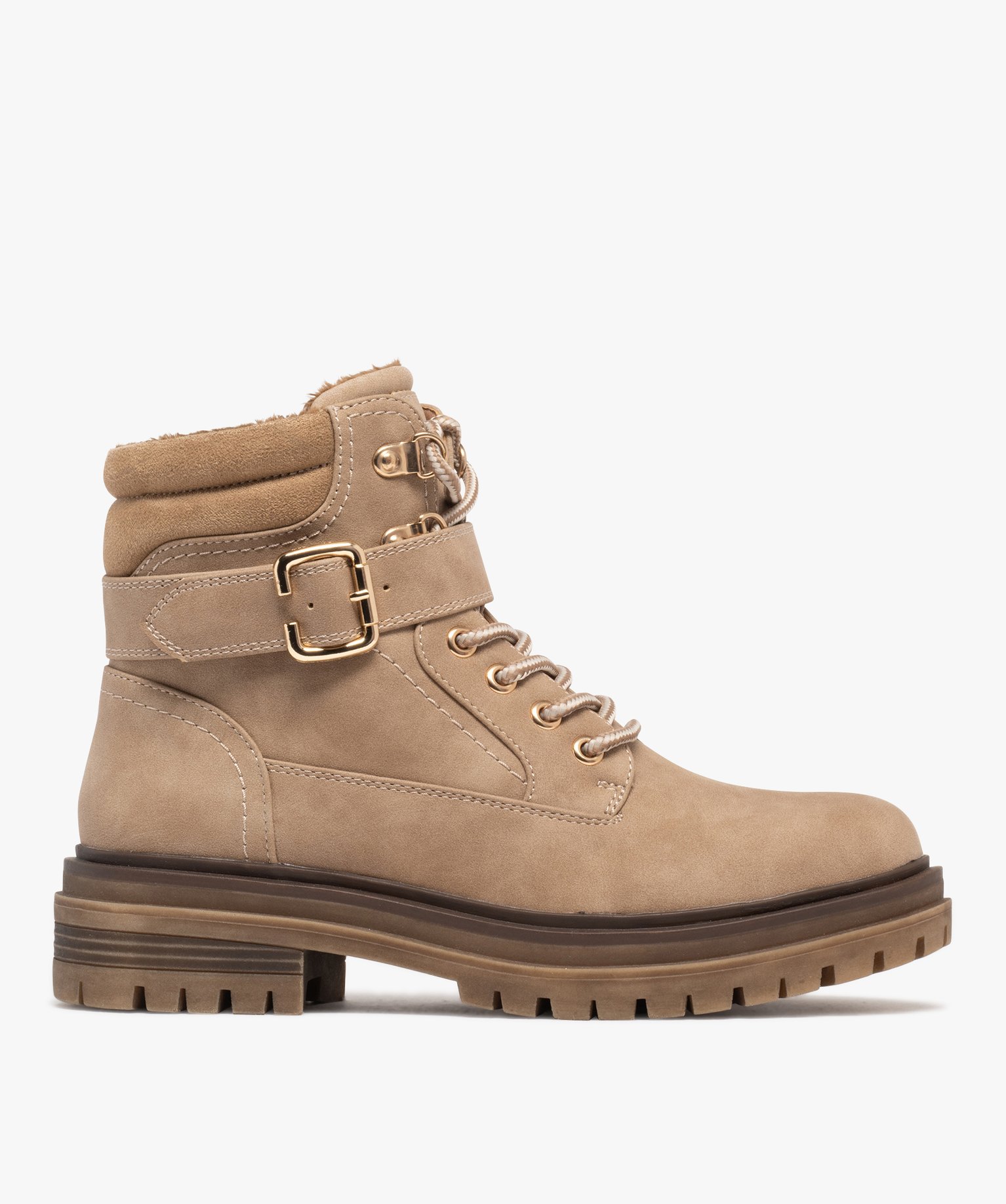 Gemo chaussures boots femme fourrees a lacets avec bride a boucle couvrante marron fonce bottines fourrees femme GEMO