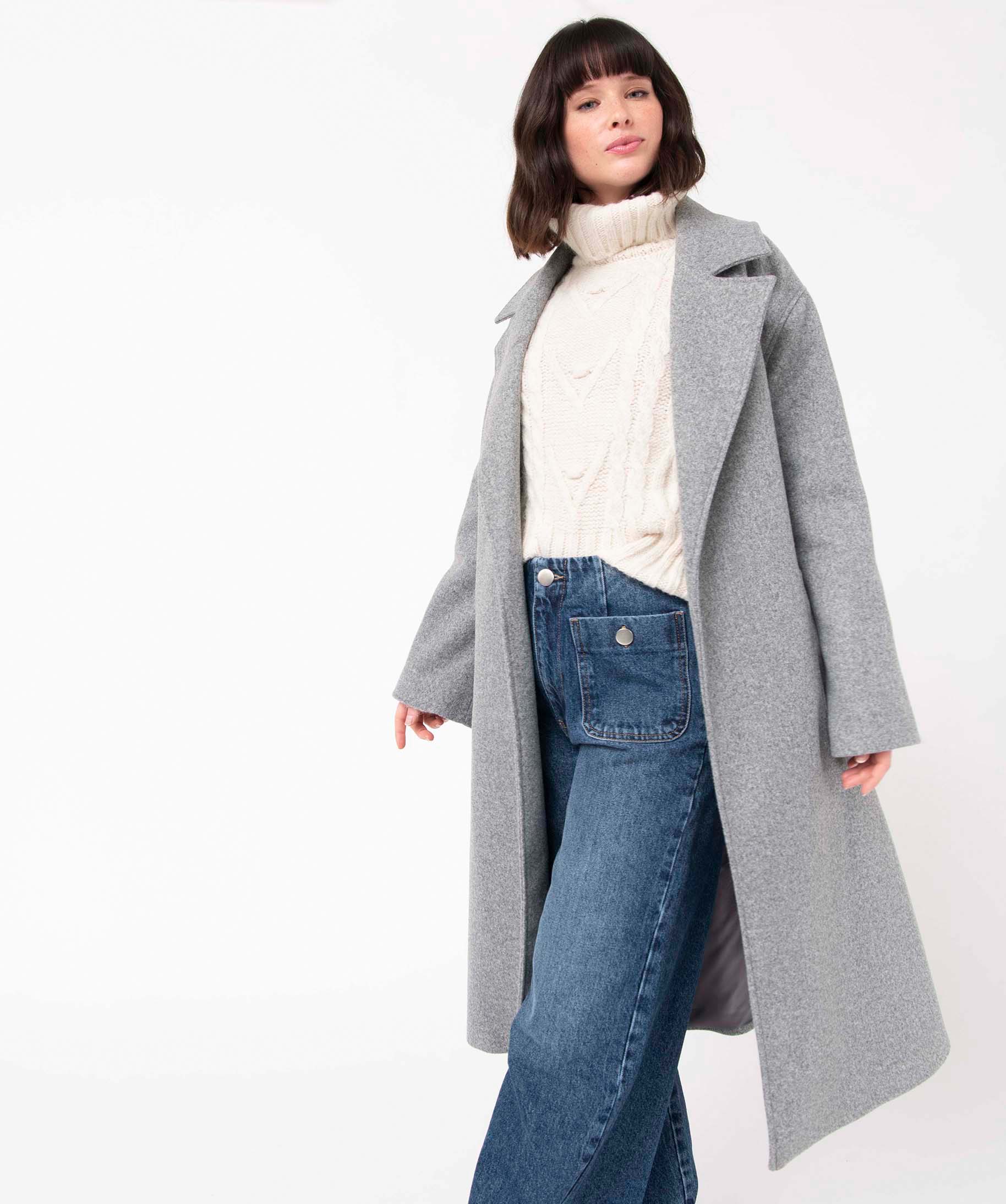 Gemo vetements manteau femme coupe oversize avec larges poches plaquees gris manteaux femme GEMO